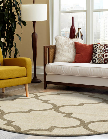 Beige and Light Brown 8' x 8' Trellis Round Area Rug