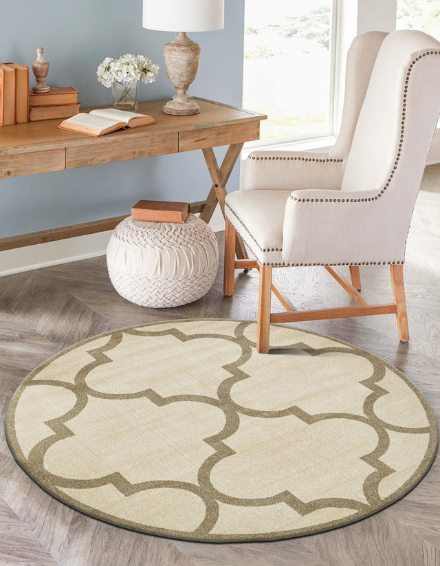 Beige and Light Brown 8' x 8' Trellis Round Area Rug