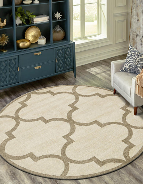 Beige and Light Brown 8' x 8' Trellis Round Area Rug Geometric Modern Unique Durable Easy Clean Carpet for Contemporary Interior Design for Sale at Rug Engine