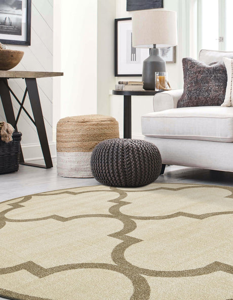 Beige and Light Brown 8' x 8' Trellis Round Area Rug Geometric Modern Unique Durable Easy Clean Carpet for Contemporary Interior Design for Sale at Rug Engine