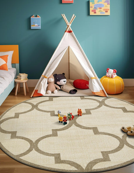 Beige and Light Brown 8' x 8' Trellis Round Area Rug Geometric Modern Unique Durable Easy Clean Carpet for Contemporary Interior Design for Sale at Rug Engine