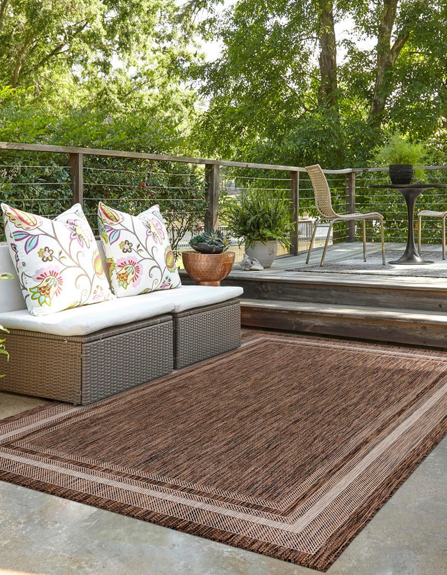 Brown 10' x 14' 1 Outdoor Border Rectangle Area Rug Weather Resistant for Patio, Deck, Terrace, Balcony, Porch 100% Polypropylene Classic Bordered Carpet for Sale at Rug Engine
