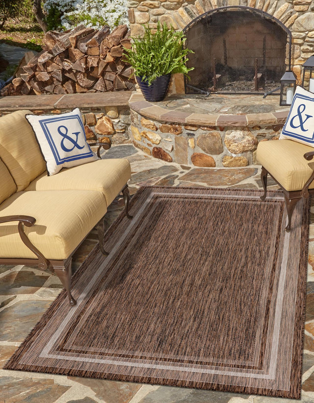 Brown 4' 1 x 6' 1 Outdoor Border Rectangle Area Rug Weather Resistant for Patio, Deck, Terrace, Balcony, Porch 100% Polypropylene Classic Bordered Carpet for Sale at Rug Engine