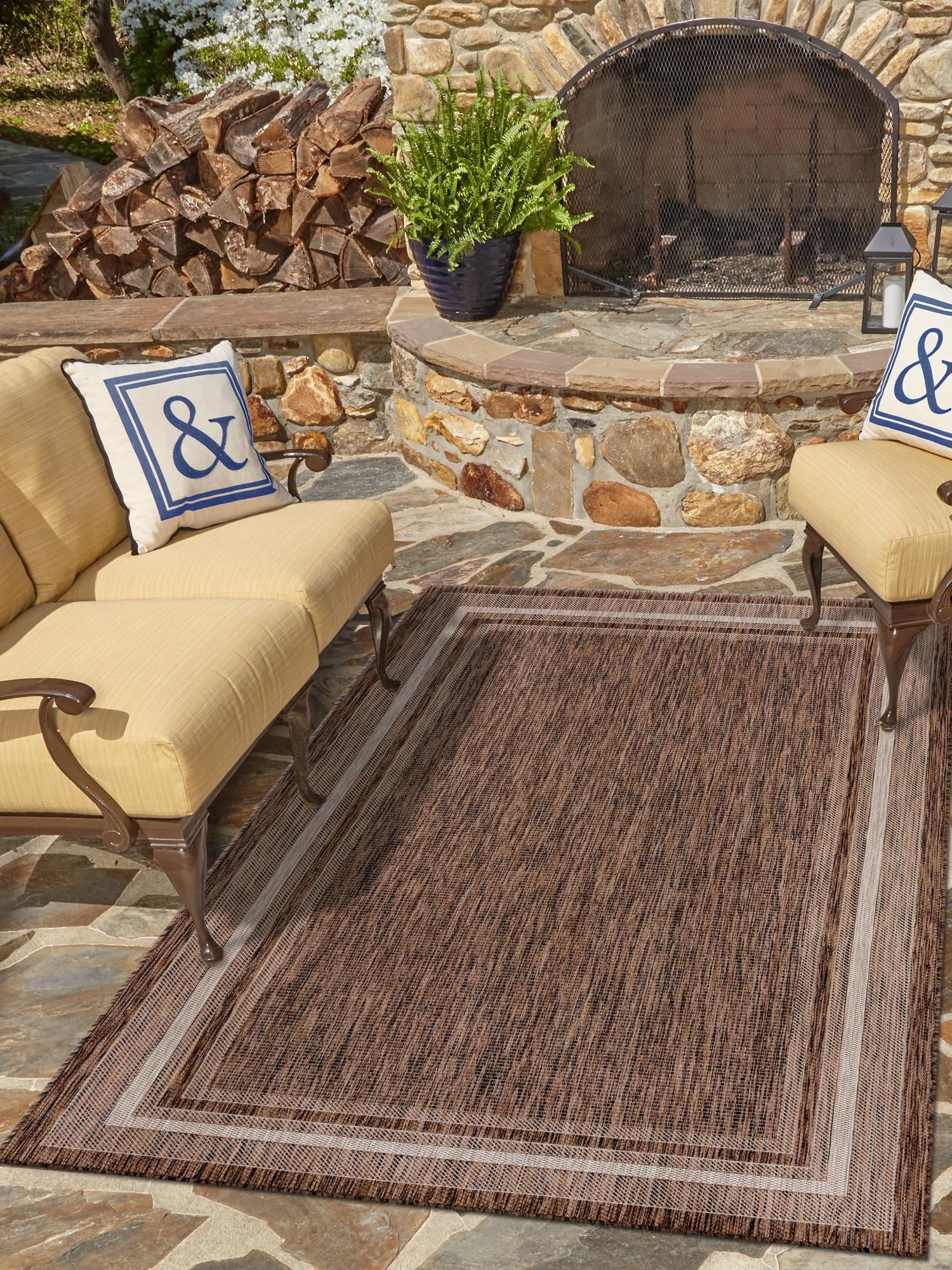 Brown 10' x 14' 1 Outdoor Border Rectangle Area Rug Weather Resistant for Patio, Deck, Terrace, Balcony, Porch 100% Polypropylene Classic Bordered Carpet for Sale at Rug Engine