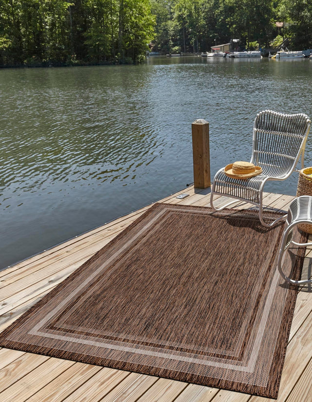 Brown 7' 1 x 10' Outdoor Border Rectangle Area Rug Weather Resistant for Patio, Deck, Terrace, Balcony, Porch 100% Polypropylene Classic Bordered Carpet for Sale at Rug Engine