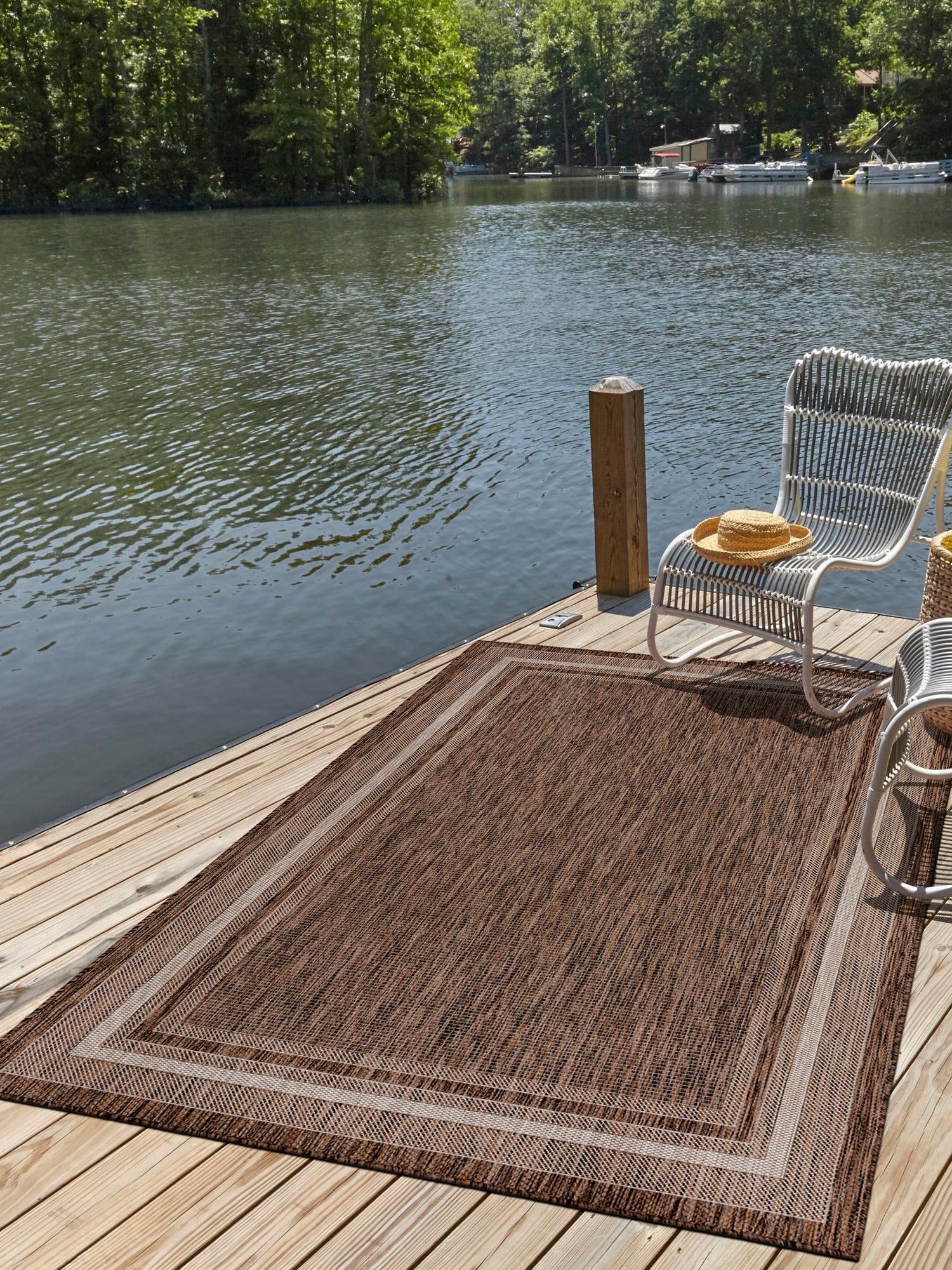 Brown 7' 10 x 11' Outdoor Border Rectangle Area Rug Weather Resistant for Patio, Deck, Terrace, Balcony, Porch 100% Polypropylene Classic Bordered Carpet for Sale at Rug Engine