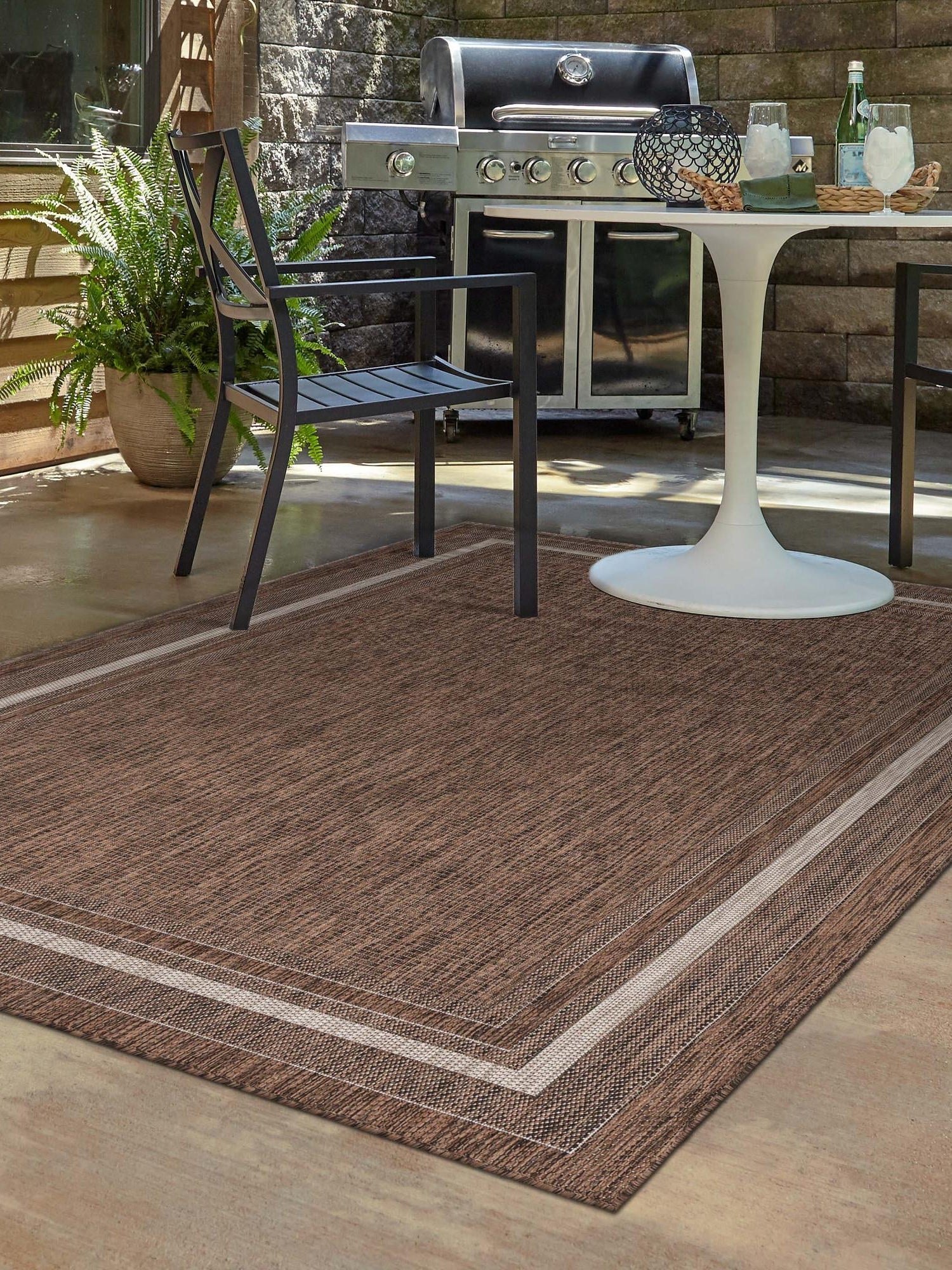 Brown 7' 10 x 11' Outdoor Border Rectangle Area Rug Weather Resistant for Patio, Deck, Terrace, Balcony, Porch 100% Polypropylene Classic Bordered Carpet for Sale at Rug Engine