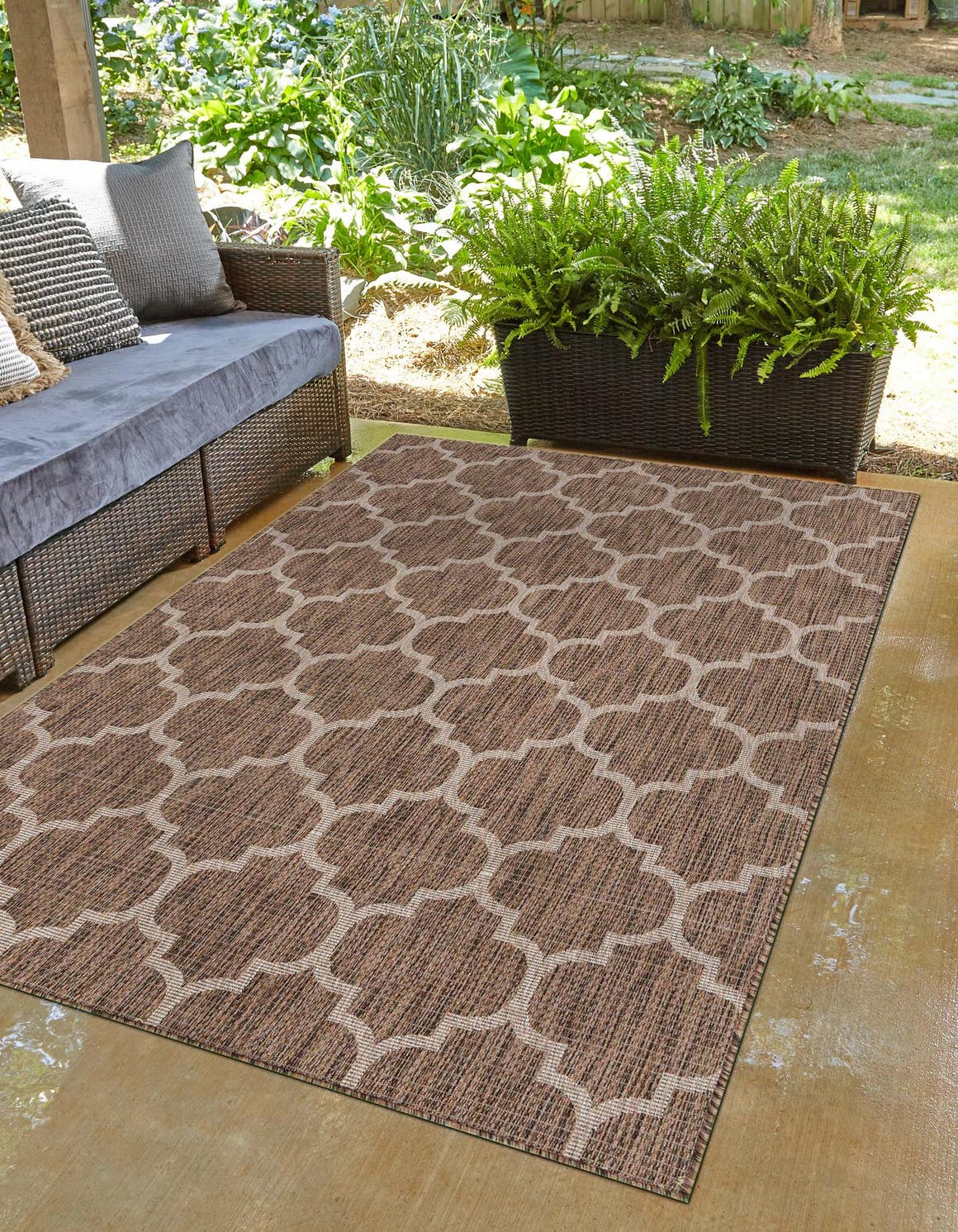 Brown 7' 10 x 11' Outdoor Trellis Rectangle Area Rug Weather Resistant for Patio, Deck, Terrace, Balcony, Porch
