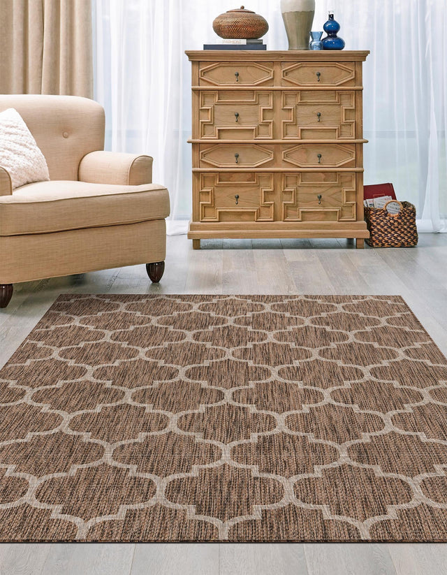 Brown 7' 1 x 10' Outdoor Trellis Rectangle Area Rug Weather Resistant for Patio, Deck, Terrace, Balcony, Porch Geometric Design Water Safe Outside Carpet for Sale at Rug Engine