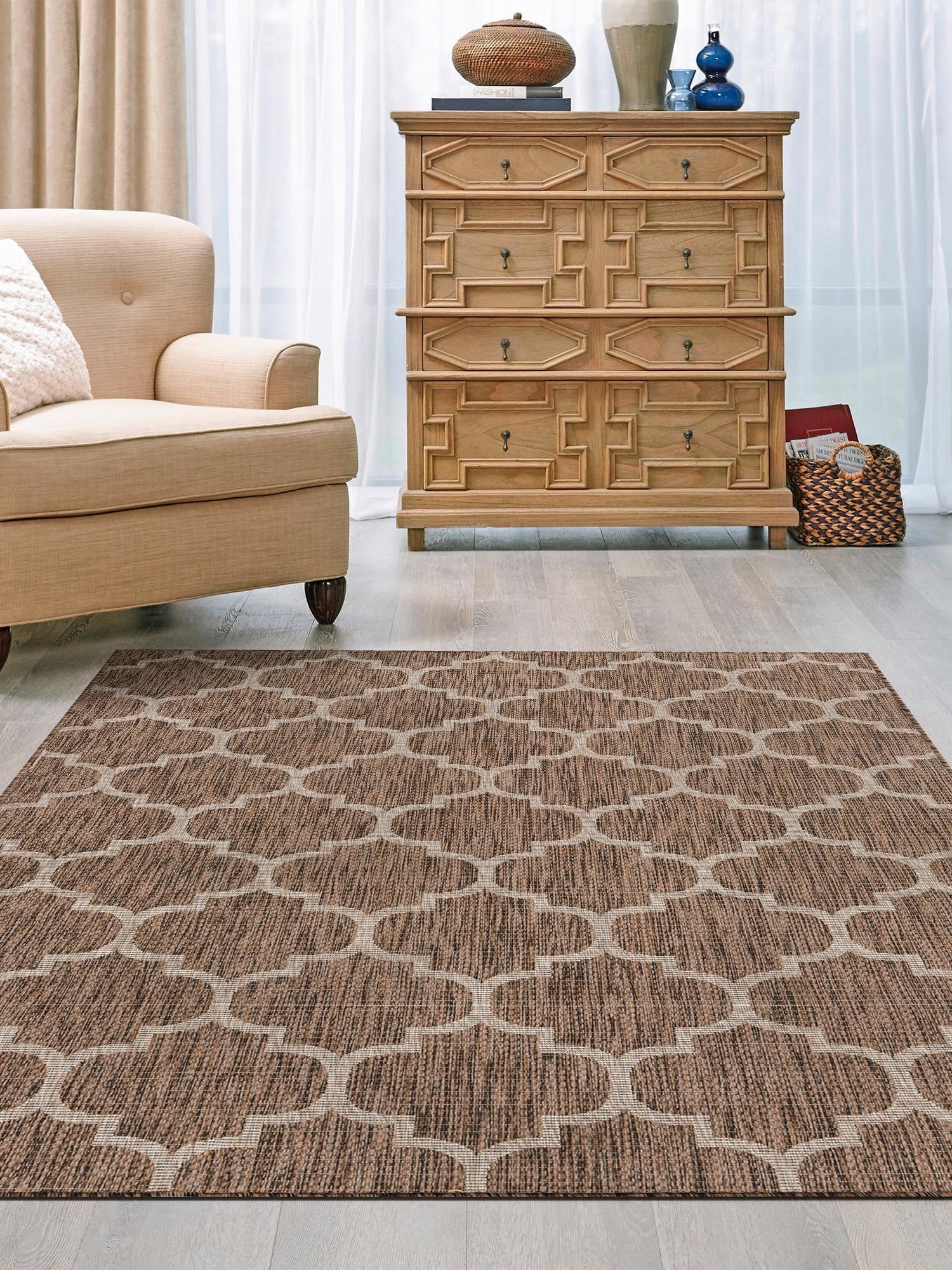 Brown 7' 10 x 11' Outdoor Trellis Rectangle Area Rug Weather Resistant for Patio, Deck, Terrace, Balcony, Porch