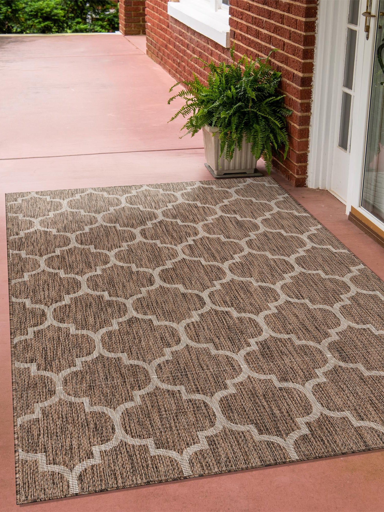 Brown 7' 10 x 11' Outdoor Trellis Rectangle Area Rug Weather Resistant for Patio, Deck, Terrace, Balcony, Porch