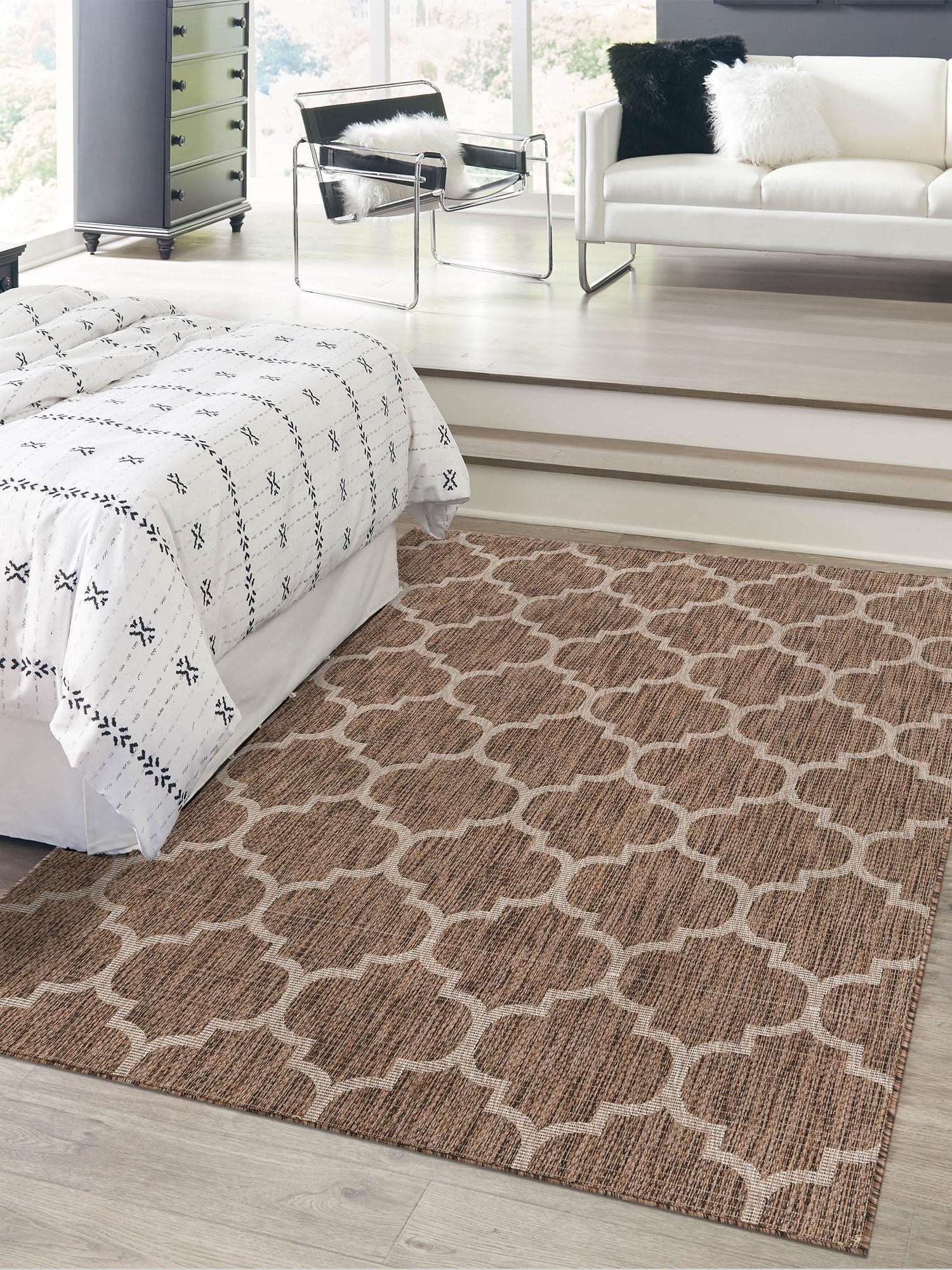 Brown 7' 10 x 11' Outdoor Trellis Rectangle Area Rug Weather Resistant for Patio, Deck, Terrace, Balcony, Porch