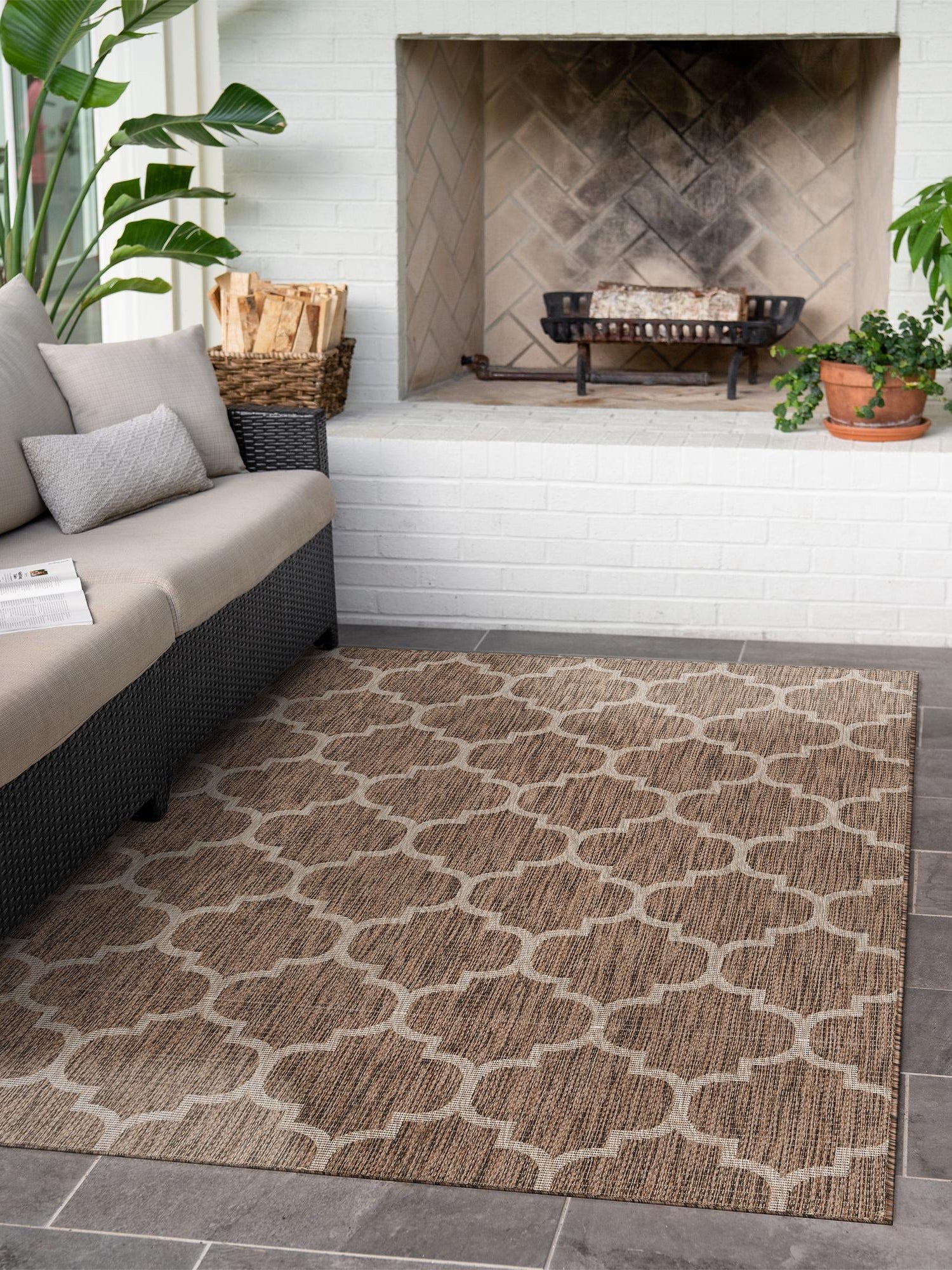 Brown 7' 10 x 11' Outdoor Trellis Rectangle Area Rug Weather Resistant for Patio, Deck, Terrace, Balcony, Porch