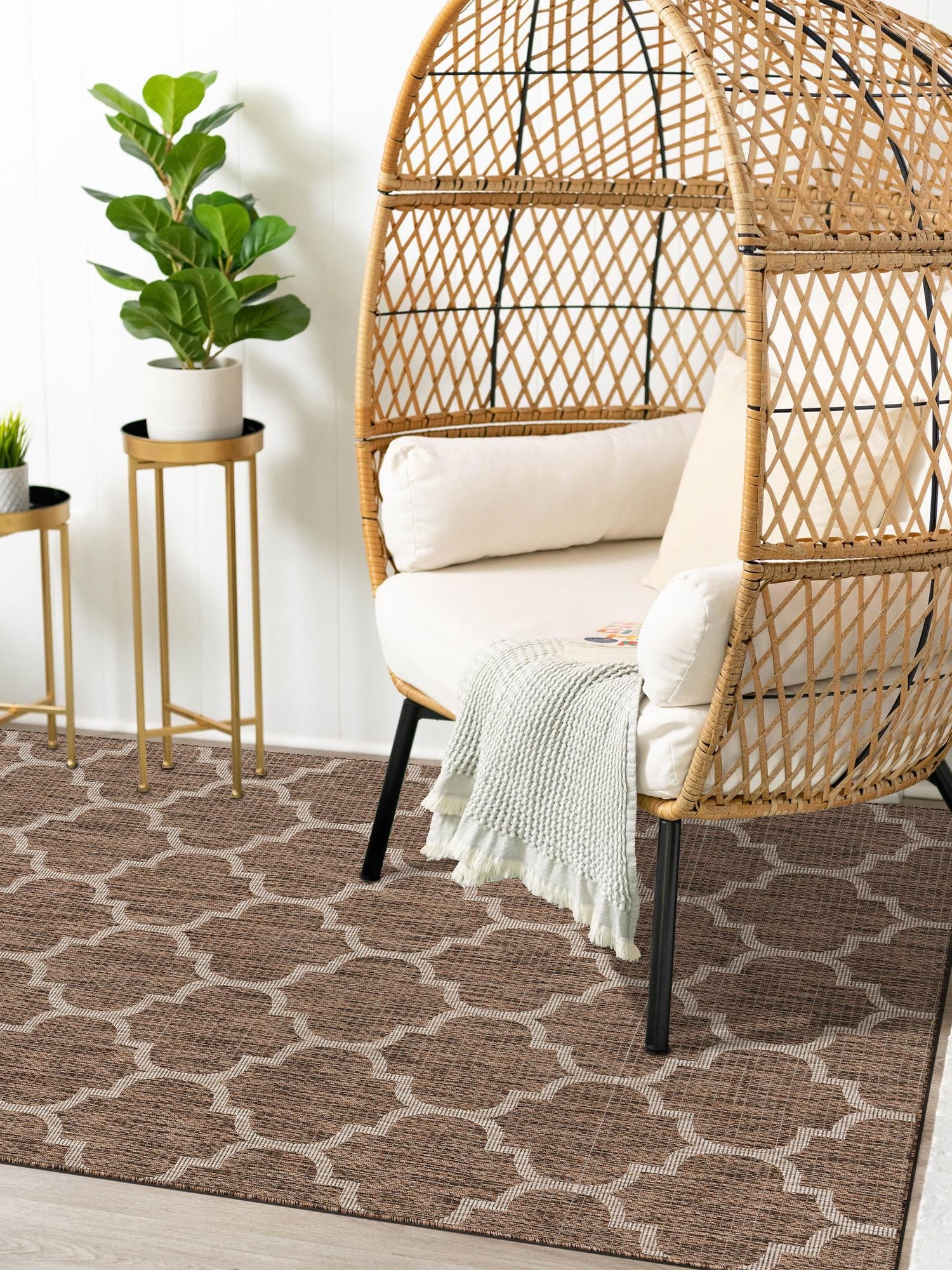 Brown 9' x 12' Outdoor Trellis Rectangle Area Rug Weather Resistant for Patio, Deck, Terrace, Balcony, Porch Geometric Design Water Safe Outside Carpet for Sale at Rug Engine