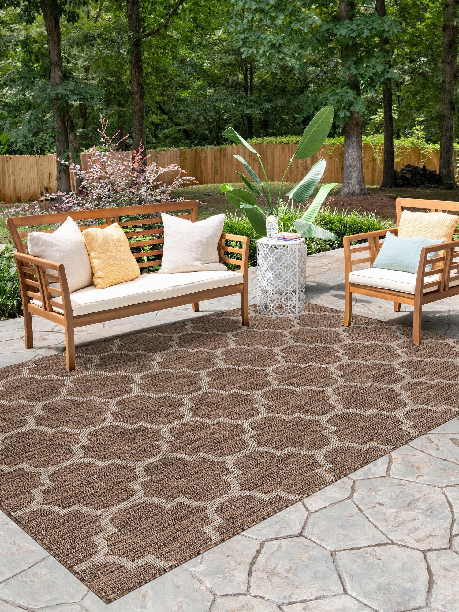 Brown 9' x 12' Outdoor Trellis Rectangle Area Rug Weather Resistant for Patio, Deck, Terrace, Balcony, Porch Geometric Design Water Safe Outside Carpet for Sale at Rug Engine