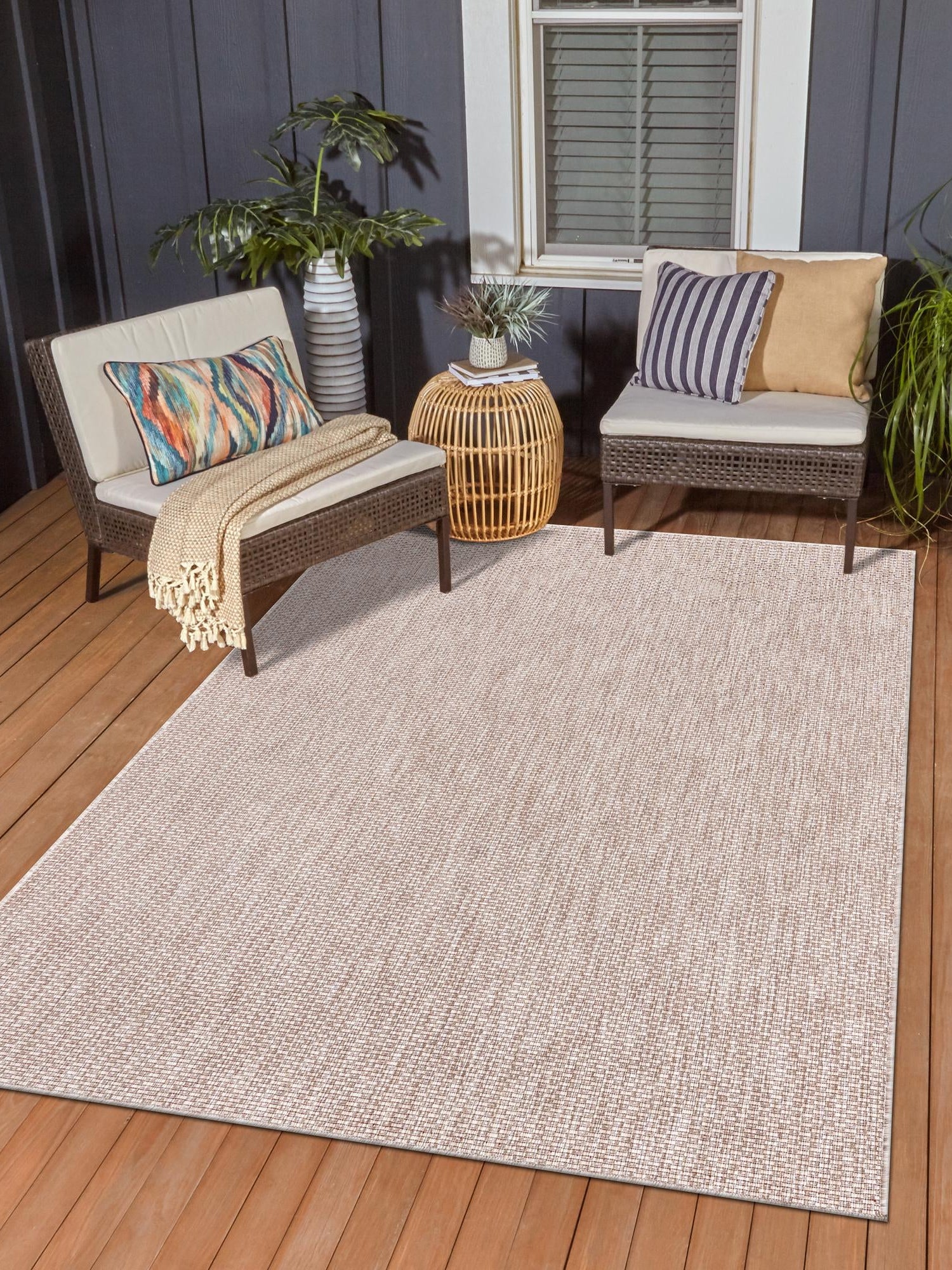 Beige 7' 10 x 11' Outdoor Solid Rectangle Area Rug Weather Resistant for Patio, Deck, Terrace, Balcony, Porch 100% Polypropylene Minimalist Waterproof Carpet for Sale at Rug Engine