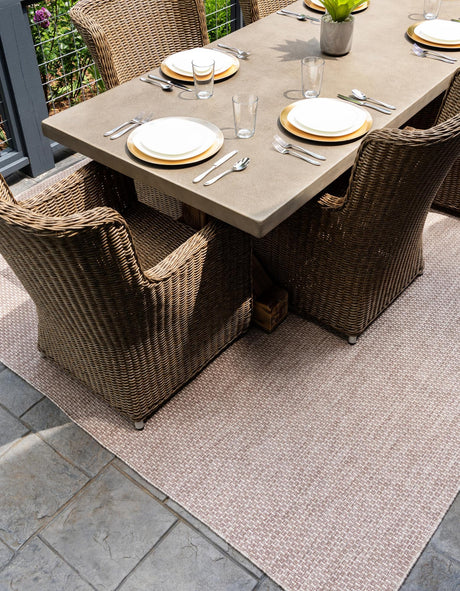 Beige 4' 1 x 6' 1 Outdoor Solid Rectangle Area Rug Weather Resistant for Patio, Deck, Terrace, Balcony, Porch Discounted Clearance Final Sale 100% Polypropylene Minimalist Waterproof Carpet for Sale at Rug Engine