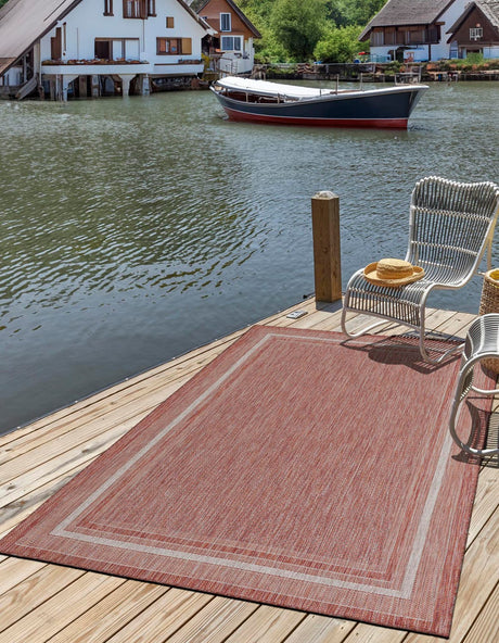 Rust Red 4' 1 x 6' 1 Outdoor Border Rectangle Area Rug Weather Resistant for Patio, Deck, Terrace, Balcony, Porch