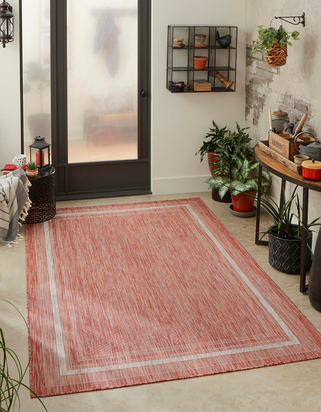 Rust Red 4' 1 x 6' 1 Outdoor Border Rectangle Area Rug Weather Resistant for Patio, Deck, Terrace, Balcony, Porch