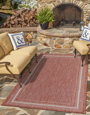 Rust Red 4' 1 x 6' 1 Outdoor Border Rectangle Area Rug Weather Resistant for Patio, Deck, Terrace, Balcony, Porch