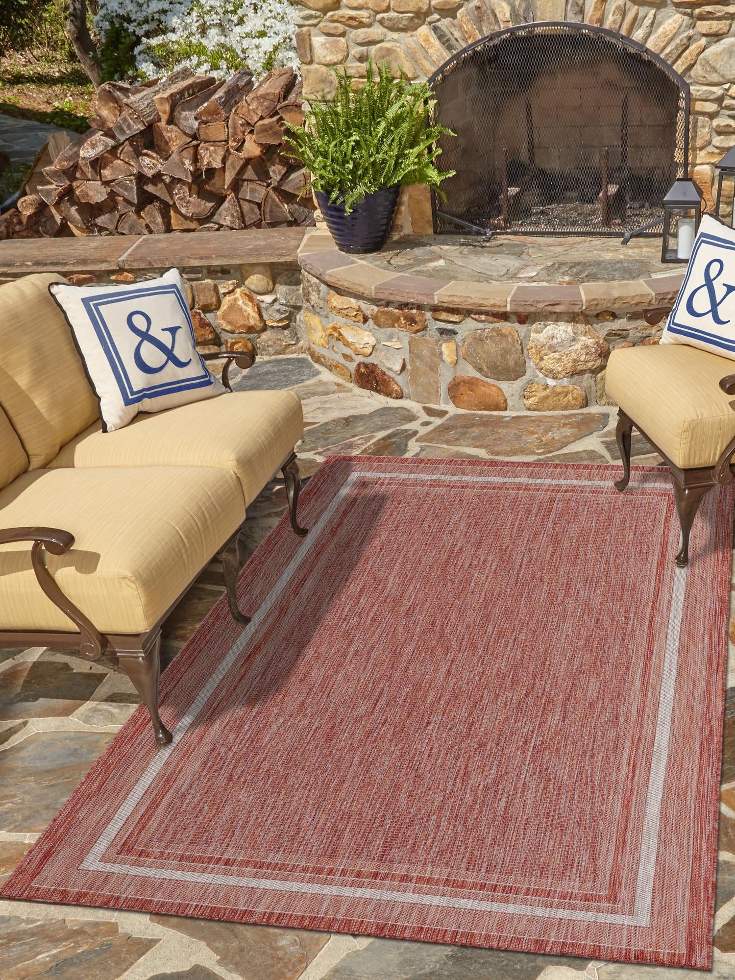 Rust Red 7' 10 x 11' Outdoor Border Rectangle Area Rug Weather Resistant for Patio, Deck, Terrace, Balcony, Porch 100% Polypropylene Classic Bordered Carpet for Sale at Rug Engine