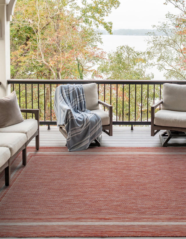 Rust Red 4' 1 x 6' 1 Outdoor Border Rectangle Area Rug Weather Resistant for Patio, Deck, Terrace, Balcony, Porch