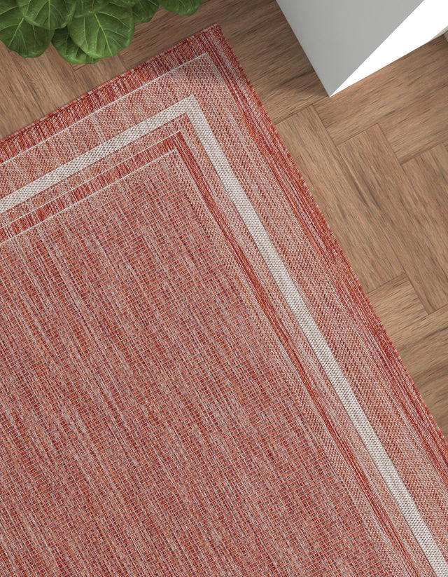 Rust Red 4' 1 x 6' 1 Outdoor Border Rectangle Area Rug Weather Resistant for Patio, Deck, Terrace, Balcony, Porch