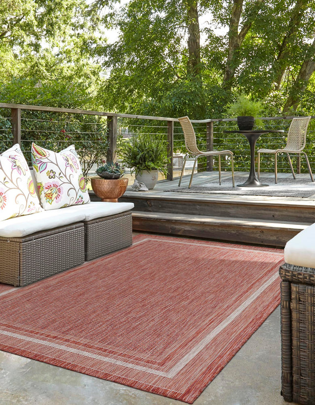 Rust Red 4' 1 x 6' 1 Outdoor Border Rectangle Area Rug Weather Resistant for Patio, Deck, Terrace, Balcony, Porch