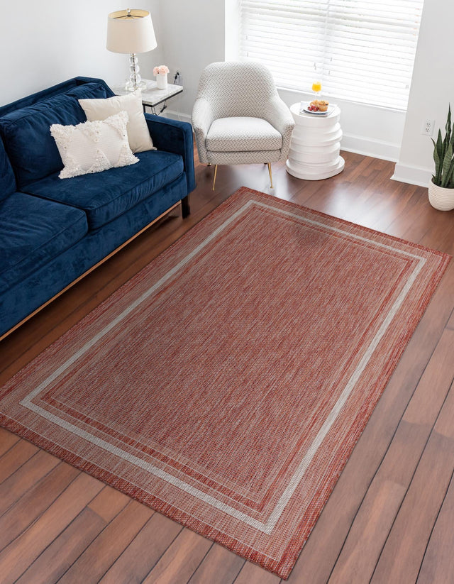 Rust Red 7' 1 x 10' Outdoor Border Rectangle Area Rug Weather Resistant for Patio, Deck, Terrace, Balcony, Porch 100% Polypropylene Classic Bordered Carpet for Sale at Rug Engine