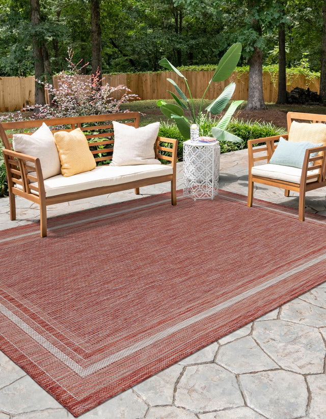 Rust Red 7' 10 x 10' Outdoor Border Rectangle Area Rug Weather Resistant for Patio, Deck, Terrace, Balcony, Porch 100% Polypropylene Classic Bordered Carpet for Sale at Rug Engine