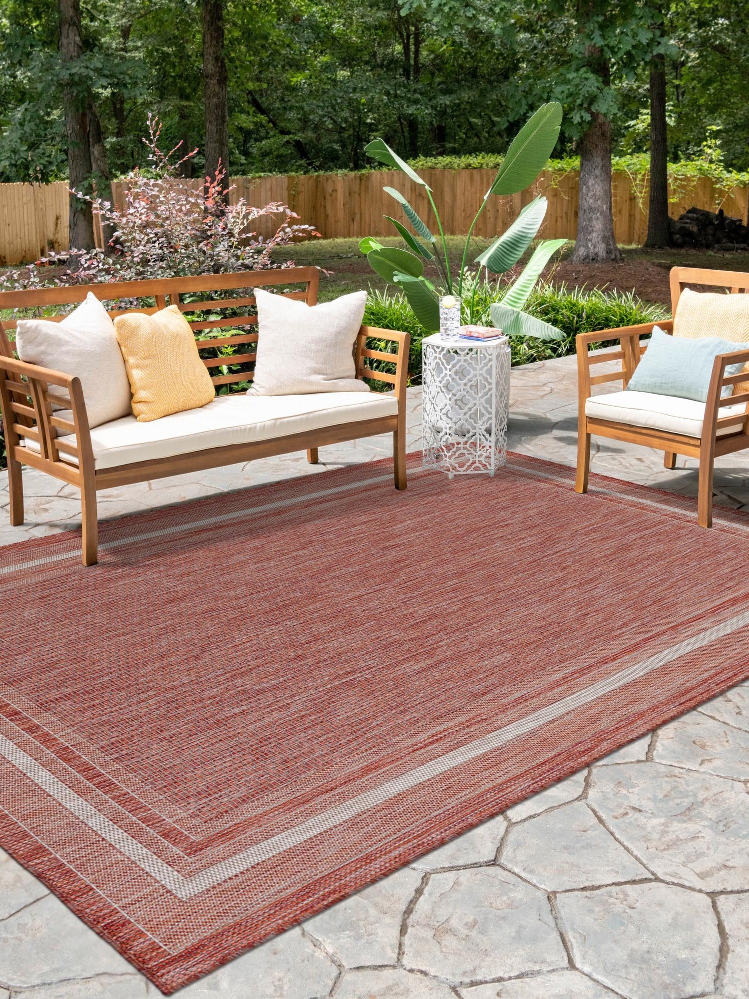 Rust Red 7' 10 x 11' Outdoor Border Rectangle Area Rug Weather Resistant for Patio, Deck, Terrace, Balcony, Porch 100% Polypropylene Classic Bordered Carpet for Sale at Rug Engine