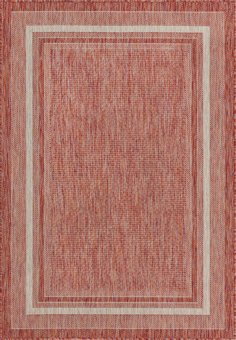 Rust Red 4' 1 x 6' 1 Outdoor Border Rectangle Area Rug Weather Resistant for Patio, Deck, Terrace, Balcony, Porch