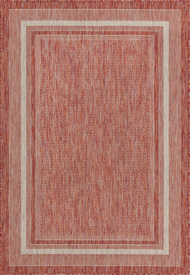 Rust Red 4' 1 x 6' 1 Outdoor Border Rectangle Area Rug Weather Resistant for Patio, Deck, Terrace, Balcony, Porch
