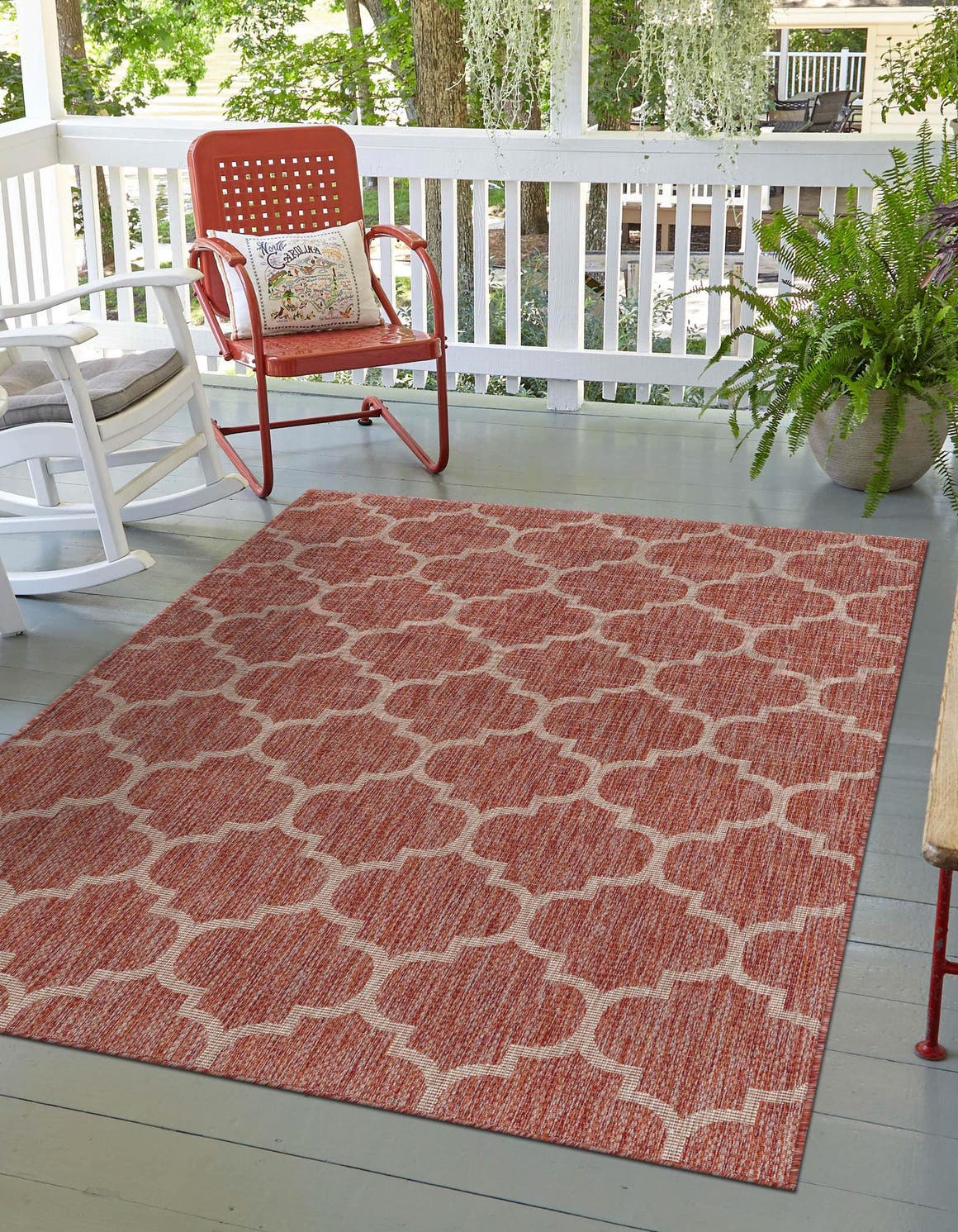 Rust Red 7' 10 x 11' Outdoor Trellis Rectangle Area Rug Weather Resistant for Patio, Deck, Terrace, Balcony, Porch Geometric Design Water Safe Outside Carpet for Sale at Rug Engine