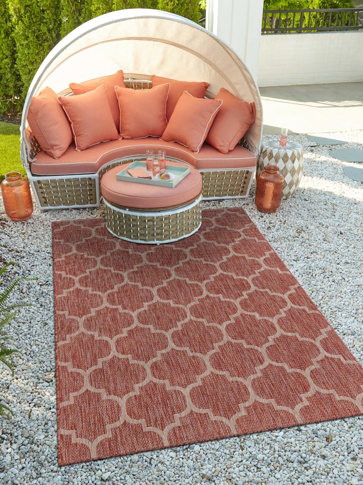 Rust Red 9' x 12' Outdoor Trellis Rectangle Area Rug Weather Resistant for Patio, Deck, Terrace, Balcony, Porch Geometric Design Water Safe Outside Carpet for Sale at Rug Engine