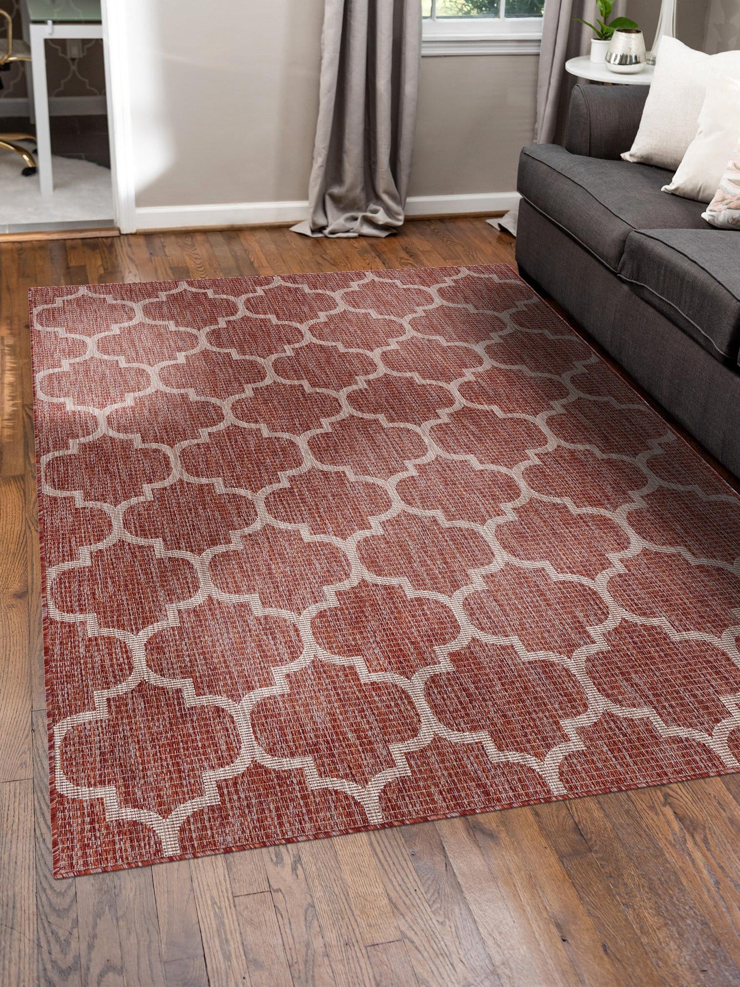 Rust Red 9' x 12' Outdoor Trellis Rectangle Area Rug Weather Resistant for Patio, Deck, Terrace, Balcony, Porch Geometric Design Water Safe Outside Carpet for Sale at Rug Engine