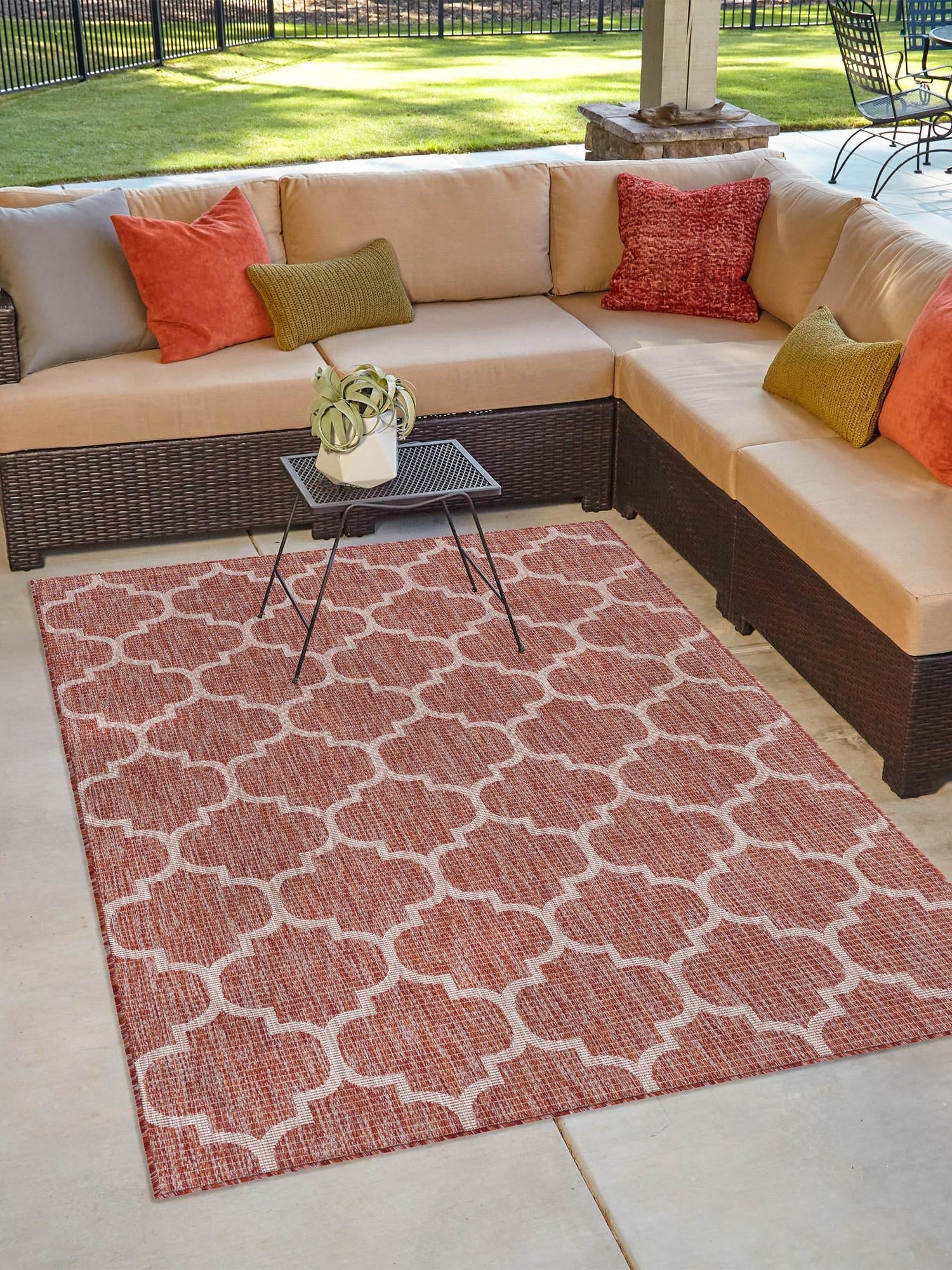 Rust Red 9' x 12' Outdoor Trellis Rectangle Area Rug Weather Resistant for Patio, Deck, Terrace, Balcony, Porch Geometric Design Water Safe Outside Carpet for Sale at Rug Engine