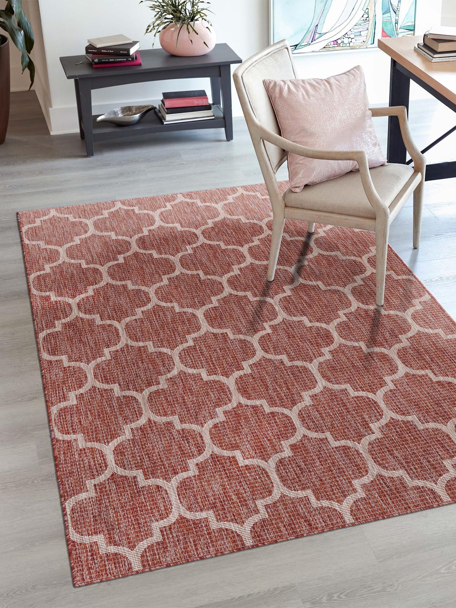 Rust Red 7' 10 x 11' Outdoor Trellis Rectangle Area Rug Weather Resistant for Patio, Deck, Terrace, Balcony, Porch Geometric Design Water Safe Outside Carpet for Sale at Rug Engine