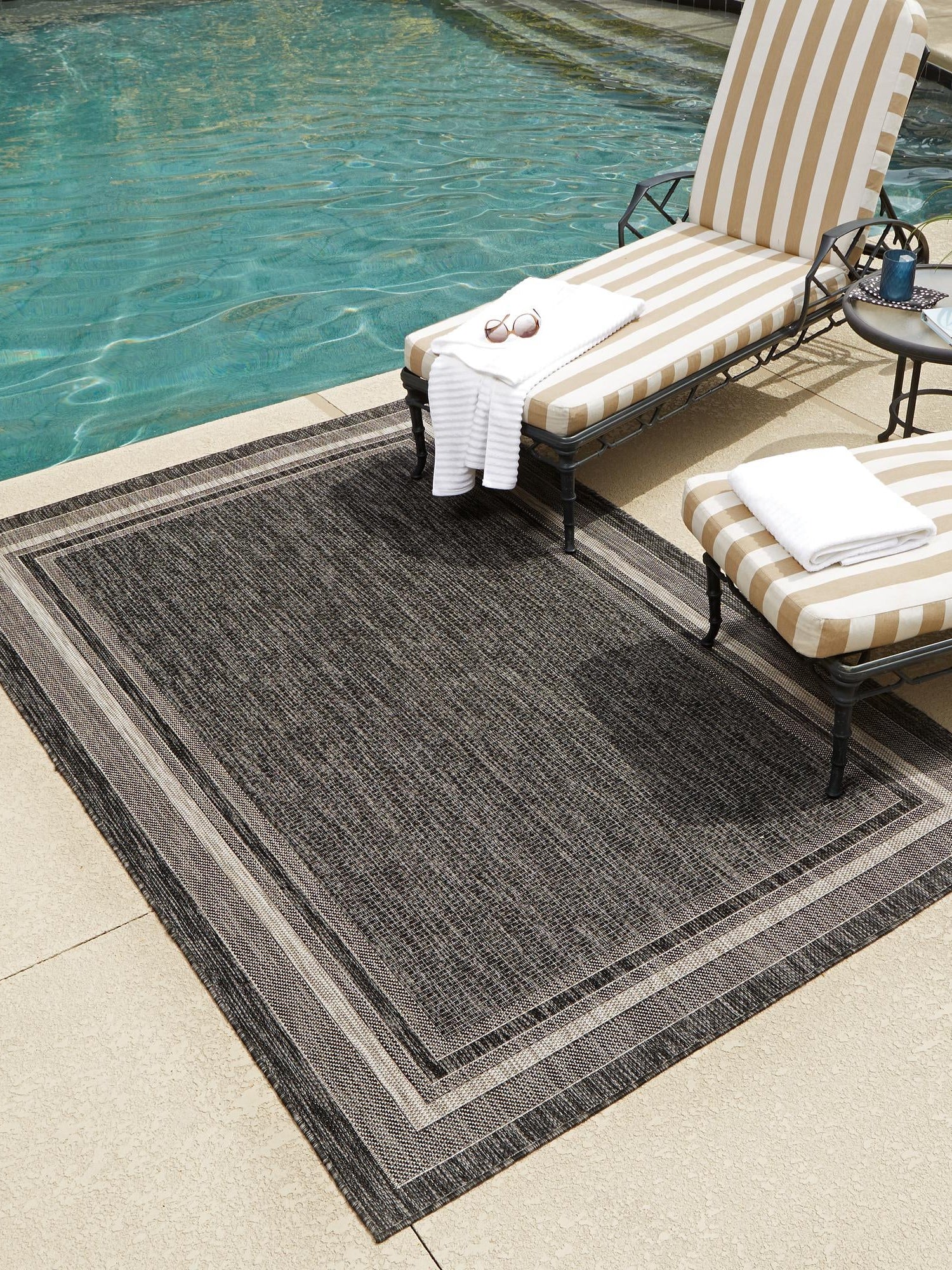 Black 5' 3 x 7' 1 Outdoor Border Rectangle Area Rug Weather Resistant for Patio, Deck, Terrace, Balcony, Porch 100% Polypropylene Classic Bordered Carpet for Sale at Rug Engine