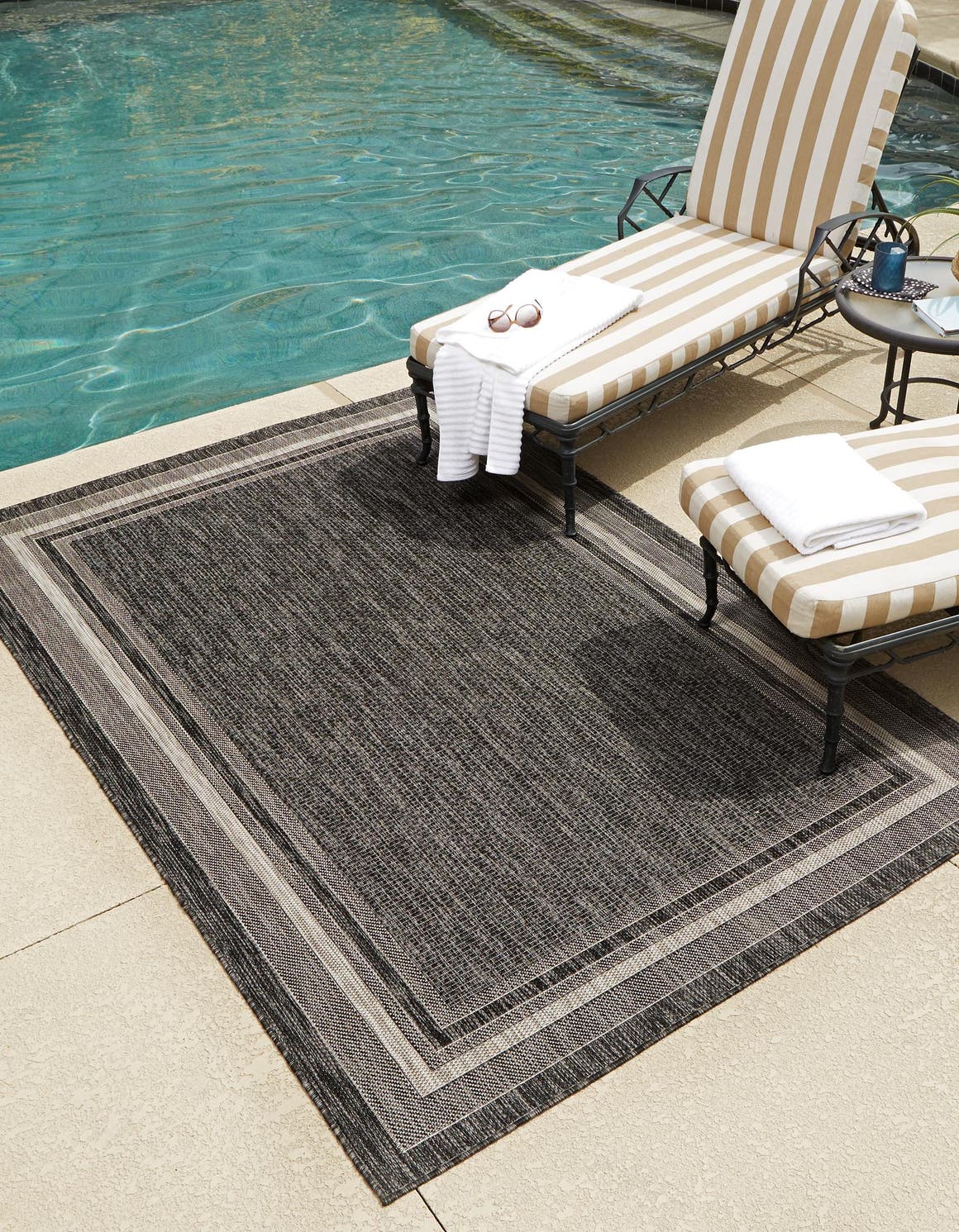 Black 6' 1 x 9' Outdoor Border Rectangle Area Rug Weather Resistant for Patio, Deck, Terrace, Balcony, Porch 100% Polypropylene Classic Bordered Carpet for Sale at Rug Engine