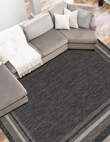 Black 4' 1 x 6' 1 Outdoor Border Rectangle Area Rug Weather Resistant for Patio, Deck, Terrace, Balcony, Porch Discounted Clearance Final Sale 100% Polypropylene Classic Bordered Carpet for Sale at Rug Engine