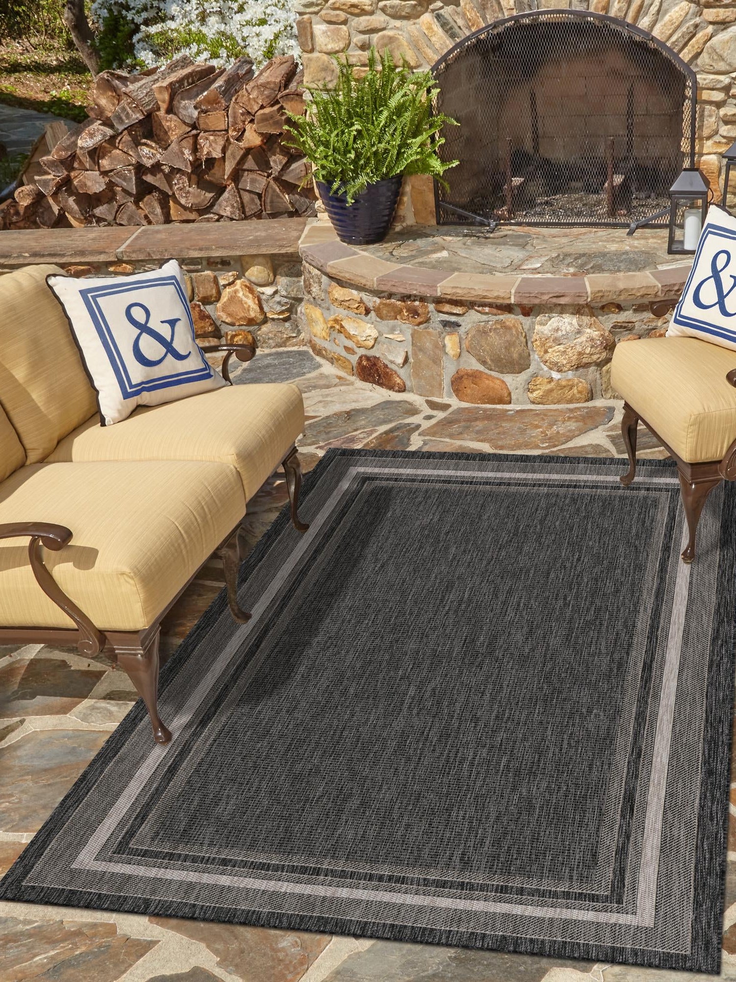 Black 9' x 12' Outdoor Border Rectangle Area Rug Weather Resistant for Patio, Deck, Terrace, Balcony, Porch 100% Polypropylene Classic Bordered Carpet for Sale at Rug Engine