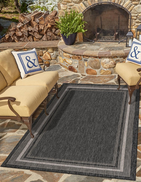 Black 4' 1 x 6' 1 Outdoor Border Rectangle Area Rug Weather Resistant for Patio, Deck, Terrace, Balcony, Porch Discounted Clearance Final Sale 100% Polypropylene Classic Bordered Carpet for Sale at Rug Engine