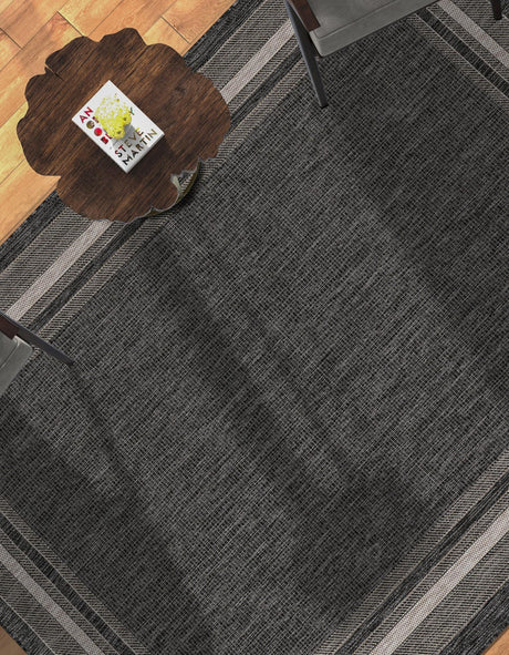 Black 4' 1 x 6' 1 Outdoor Border Rectangle Area Rug Weather Resistant for Patio, Deck, Terrace, Balcony, Porch Discounted Clearance Final Sale 100% Polypropylene Classic Bordered Carpet for Sale at Rug Engine