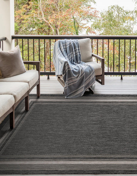 Black 4' 1 x 6' 1 Outdoor Border Rectangle Area Rug Weather Resistant for Patio, Deck, Terrace, Balcony, Porch Discounted Clearance Final Sale 100% Polypropylene Classic Bordered Carpet for Sale at Rug Engine
