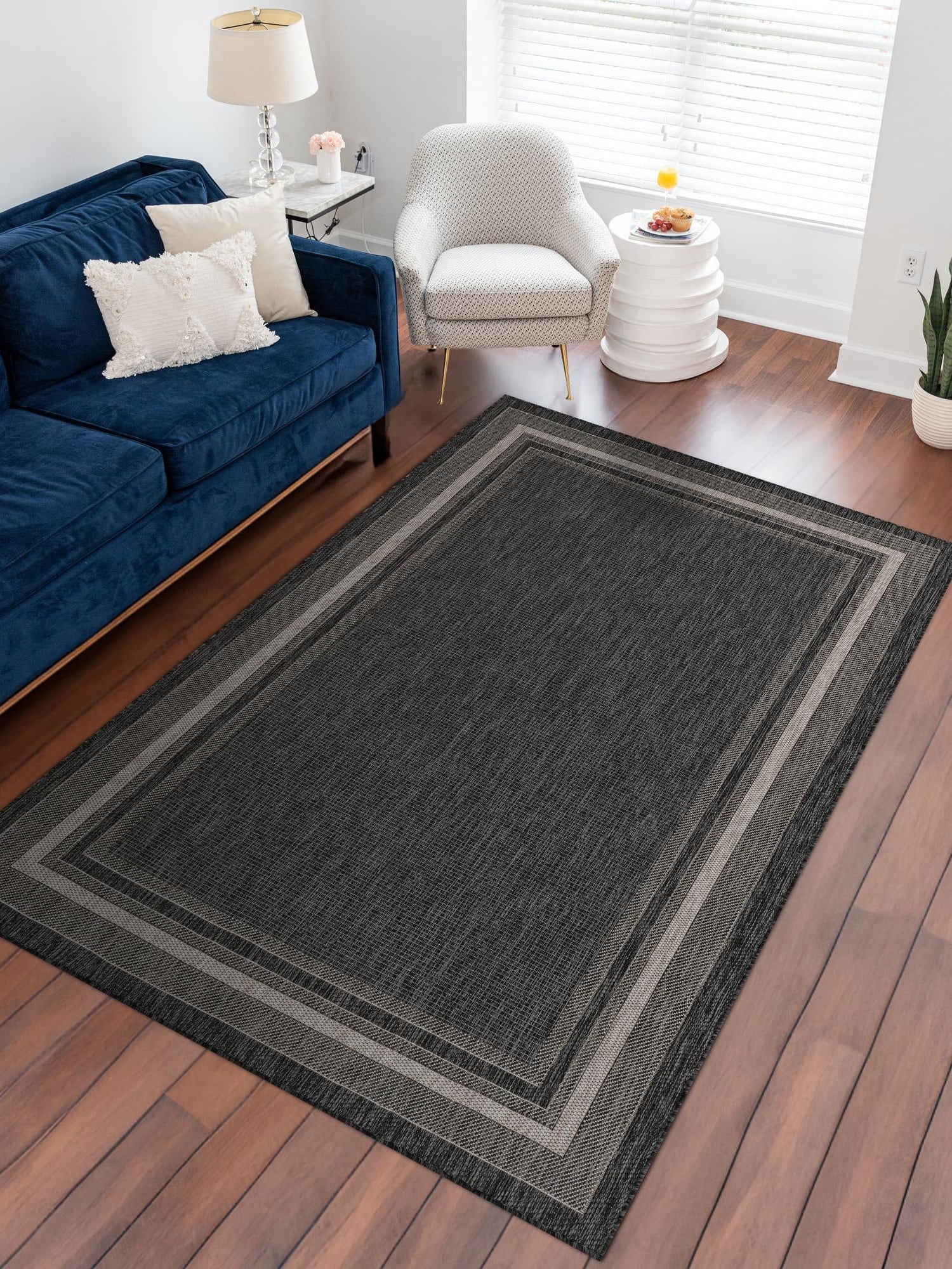 Black 9' x 12' Outdoor Border Rectangle Area Rug Weather Resistant for Patio, Deck, Terrace, Balcony, Porch 100% Polypropylene Classic Bordered Carpet for Sale at Rug Engine