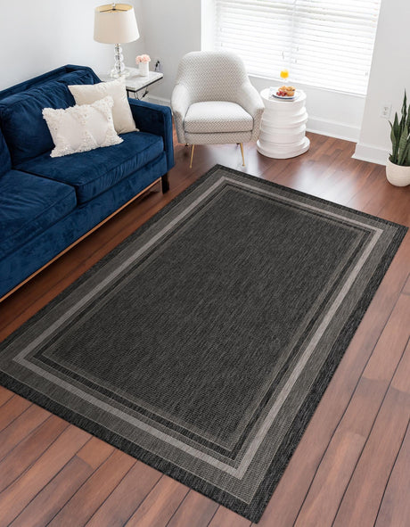 Black 4' 1 x 6' 1 Outdoor Border Rectangle Area Rug Weather Resistant for Patio, Deck, Terrace, Balcony, Porch Discounted Clearance Final Sale 100% Polypropylene Classic Bordered Carpet for Sale at Rug Engine