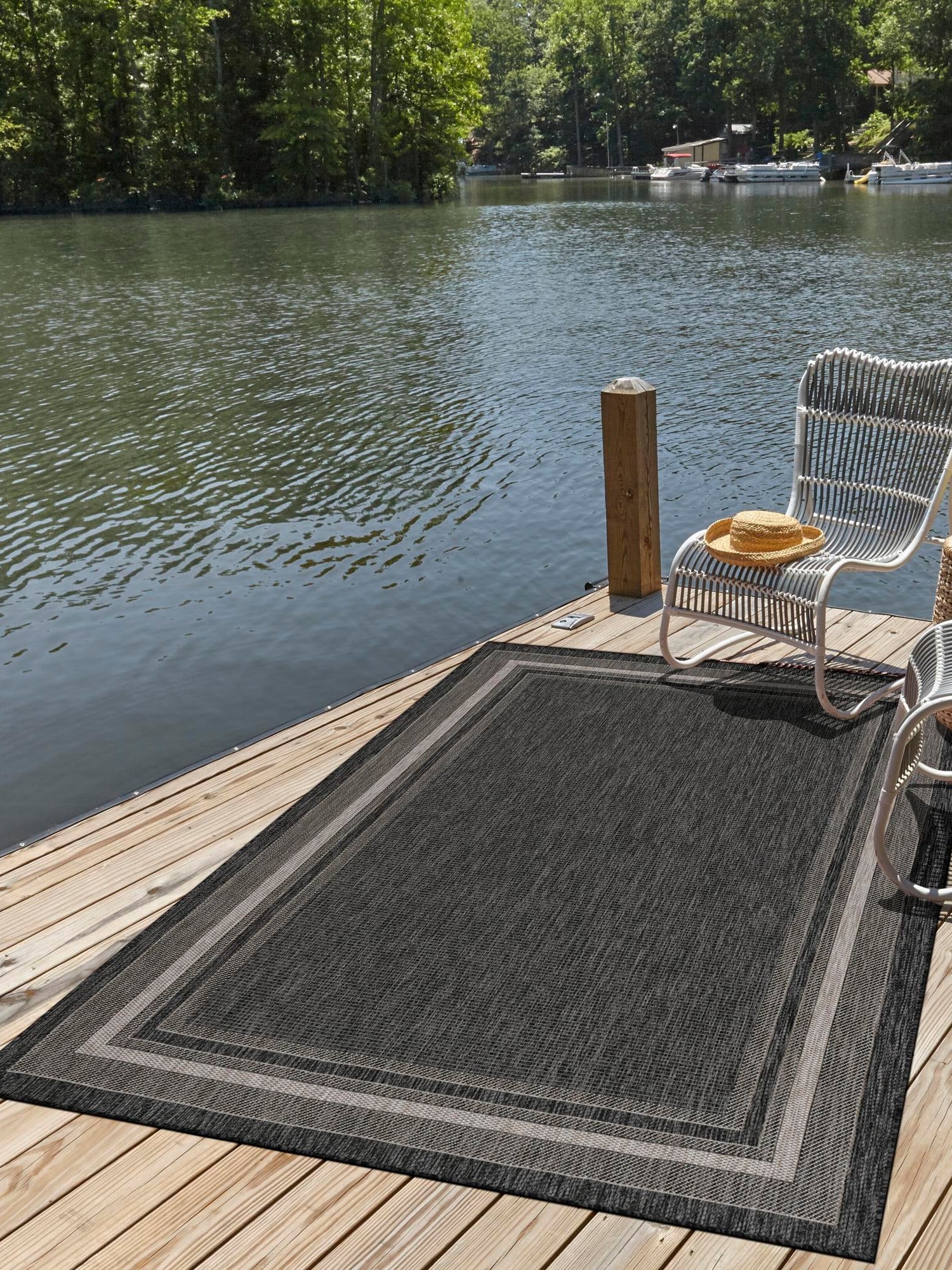 Black 7' 10 x 10' Outdoor Border Rectangle Area Rug Weather Resistant for Patio, Deck, Terrace, Balcony, Porch 100% Polypropylene Classic Bordered Carpet for Sale at Rug Engine