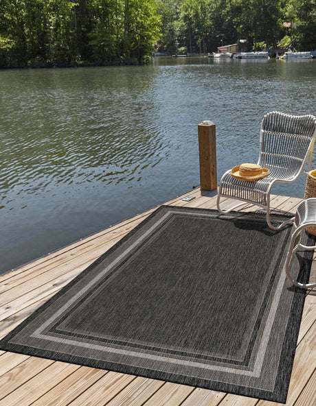 Black 4' 1 x 6' 1 Outdoor Border Rectangle Area Rug Weather Resistant for Patio, Deck, Terrace, Balcony, Porch Discounted Clearance Final Sale 100% Polypropylene Classic Bordered Carpet for Sale at Rug Engine