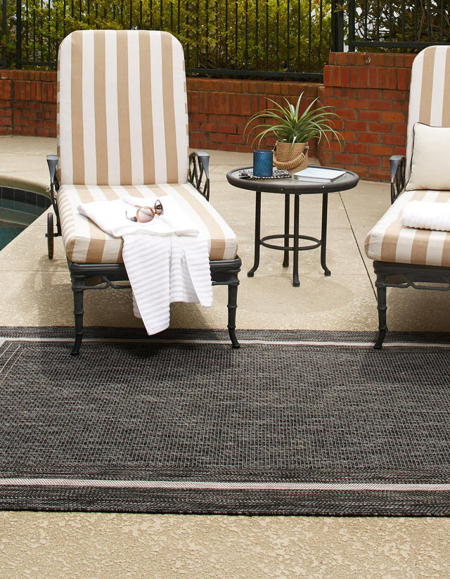 Black 9' x 12' Outdoor Border Rectangle Area Rug Weather Resistant for Patio, Deck, Terrace, Balcony, Porch 100% Polypropylene Classic Bordered Carpet for Sale at Rug Engine